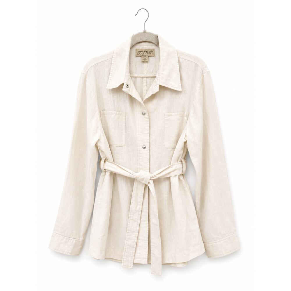 Jones New York Country White Linen Blend Belted Button Up Jacket Shirt Women’s - Picture 1 of 15